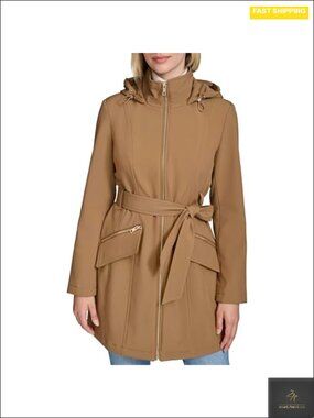 Women's Hooded Water-Resistant Belted Soft Shell Jacket